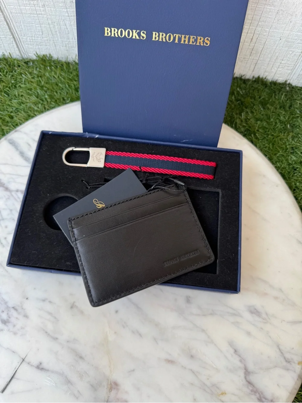 Brooks Brothers Black Leather Card Holder with Red & Black Stripe Key Fob